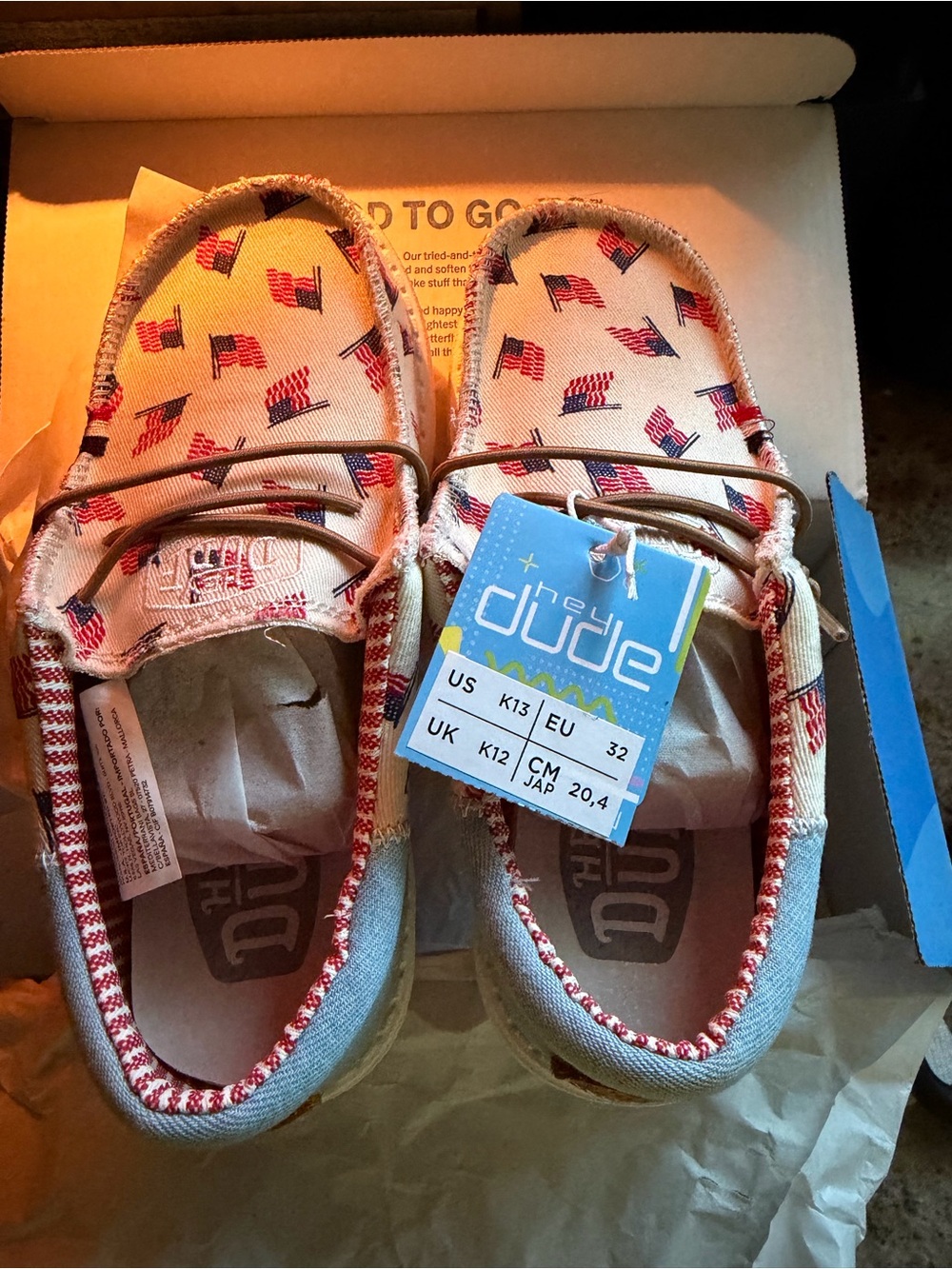 Hey Dude Kids Boat Shoes in Red, White and Blue Flag Print